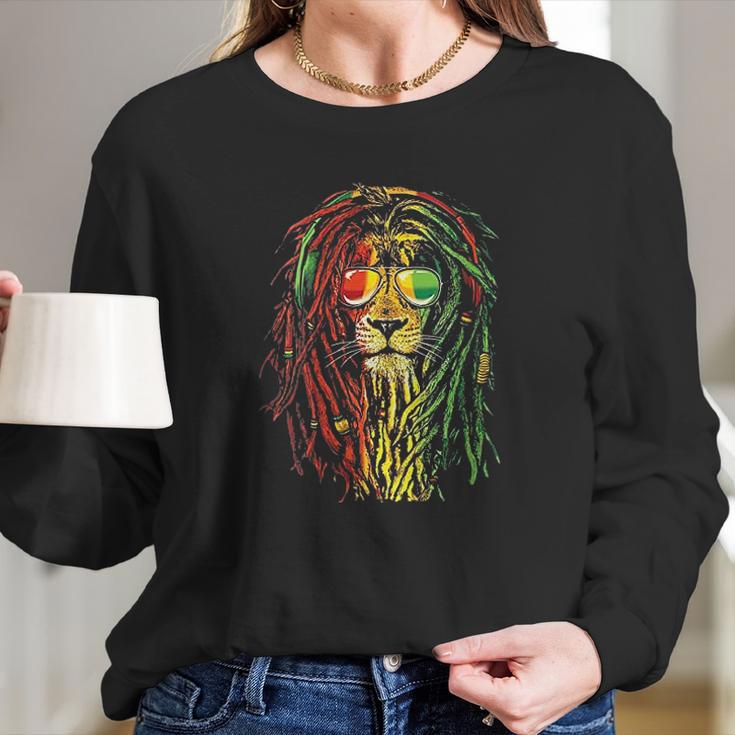 Rasta Reggae Lion Sunglass Art Gift For Rastafarian Lover Long Sleeve T-Shirt Gifts for Her