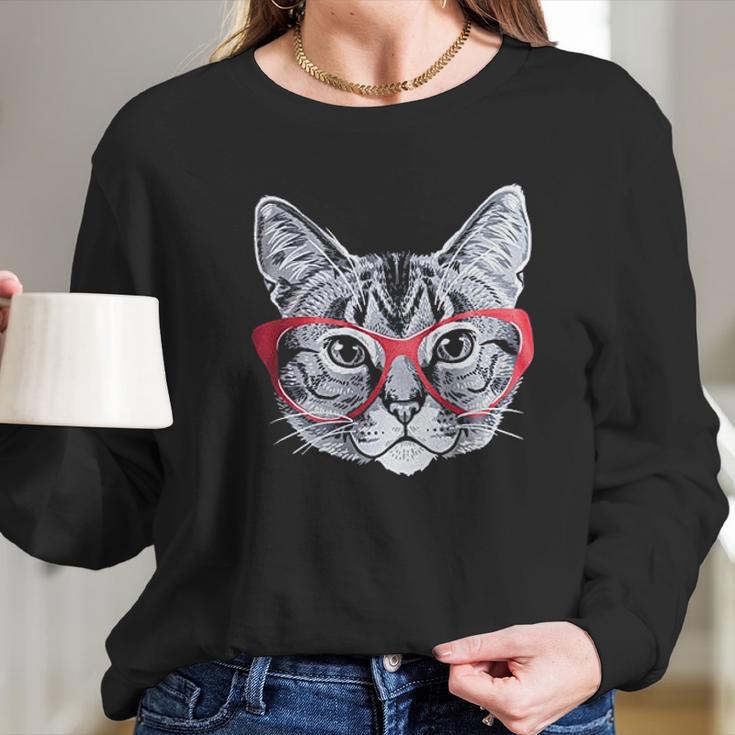 Red Glasses Cat Funny Belcher Kitty Cute Humor Fun Long Sleeve T-Shirt Gifts for Her