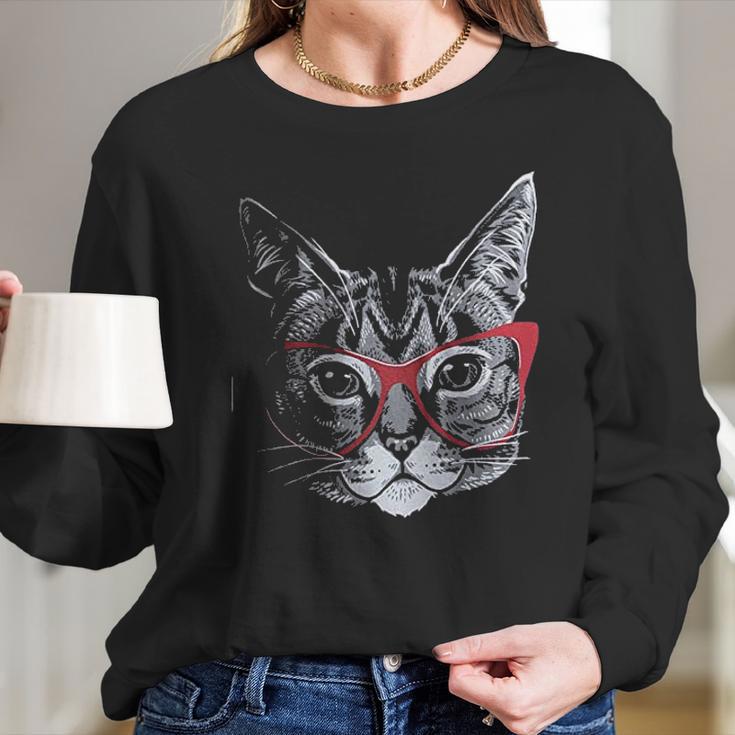 Red Linda Glasses Cat Sassy Funny Kitty Belcher Cute Long Sleeve T-Shirt Gifts for Her