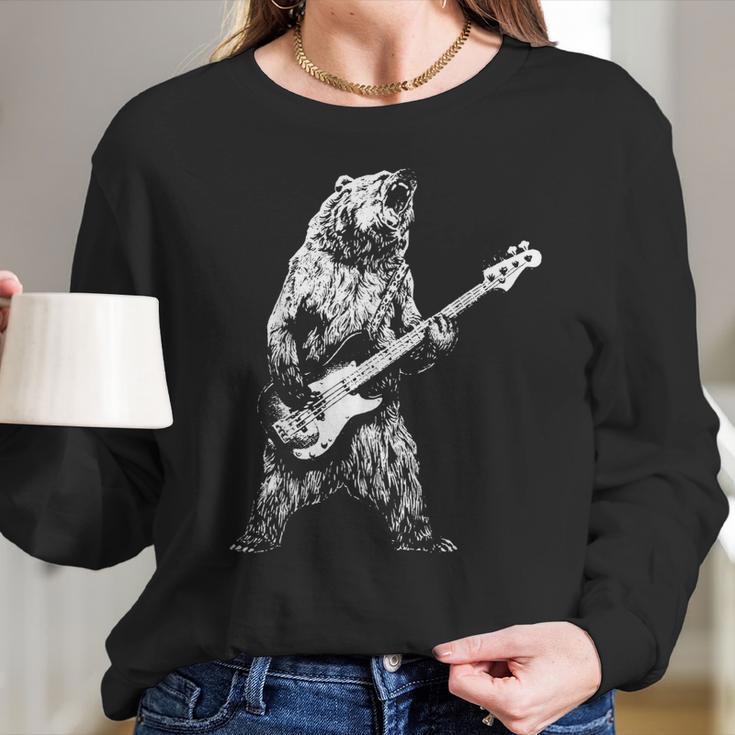 Retro Bear Playing Bass Guitar Bear Guitarist Music Lovers Long Sleeve T-Shirt Gifts for Her