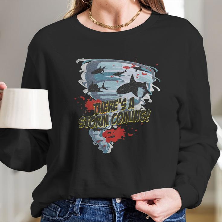 Shark Tornado - Shark Cult Movie - Shark Attack - Shark Tornado Horror Movie Parody - Storms Coming Long Sleeve T-Shirt Gifts for Her