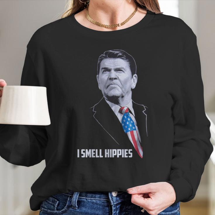 I Smell Hippies Funny Ronald Reagan Conservative Merica Usa Long Sleeve T-Shirt Gifts for Her