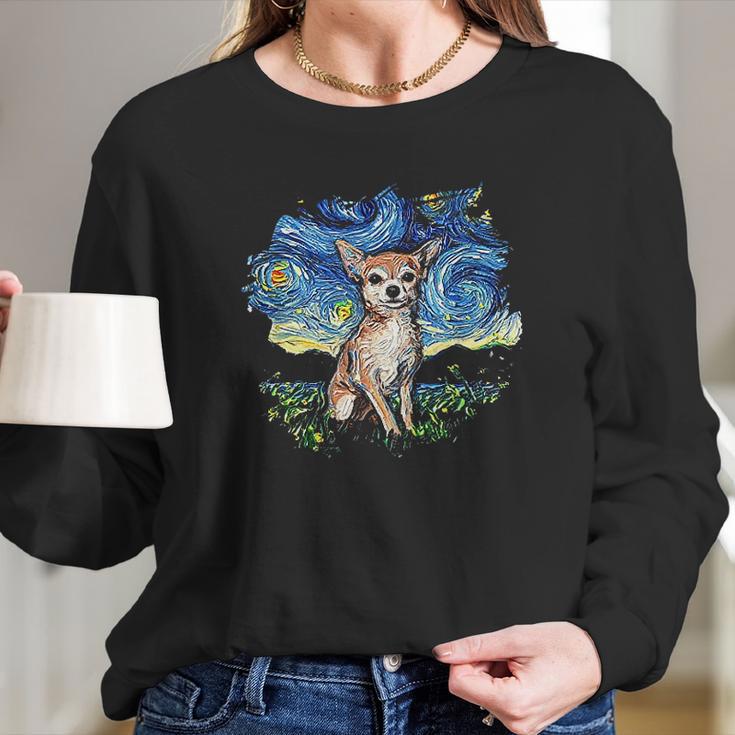 Tan Chihuahua Starry Night Impressionist Dog Art Long Sleeve T-Shirt Gifts for Her