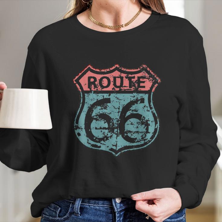 Historic American Route Icon Weathered Highway 66 Road Sign Long Sleeve T-Shirt Gifts for Her