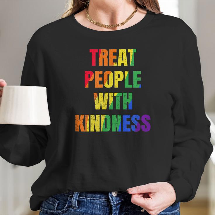 Treat People With Kindness Queer Lgbtq Love Equality Bi Long Sleeve T-Shirt Gifts for Her