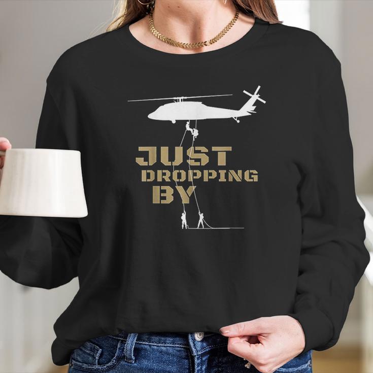 U60 Black Hawk Helicopter Rappelling Abseiling Soldiers Long Sleeve T-Shirt Gifts for Her