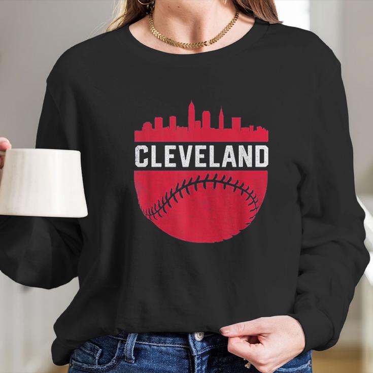 Vintage Downtown Cleveland Ohio Skyline Baseball Long Sleeve T-Shirt Gifts for Her