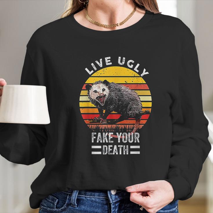 Vintage Live Ugly Fake Your Death Funny Opossum Long Sleeve T-Shirt Gifts for Her