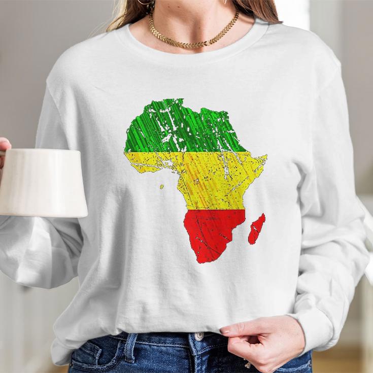 Africa Map Reggae Rasta Print Green Yellow Red Africa Pride Long Sleeve T-Shirt Gifts for Her