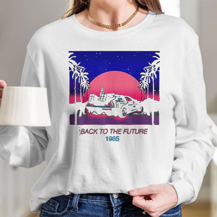 Back To The Future 1985 Neon Delorean Sunset Graphic Long Sleeve T-Shirt Gifts for Her