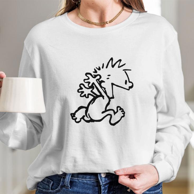 Calvin & Hobbes Comic Running Naked Long Sleeve T-Shirt Gifts for Her