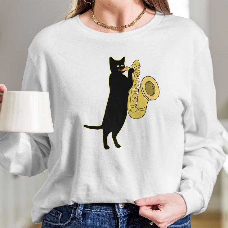 Cat Playing Saxophone Shirt Cool Wind Instrument Sax Gift Long Sleeve T-Shirt Gifts for Her