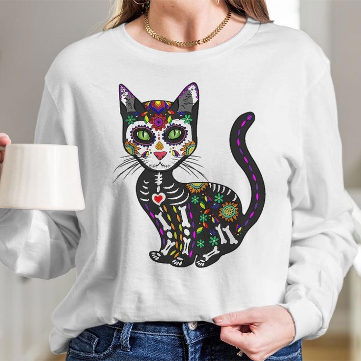 Cute Sugar Skull Mexican Cat Halloween Day Of The Dead Long Sleeve T-Shirt Gifts for Her