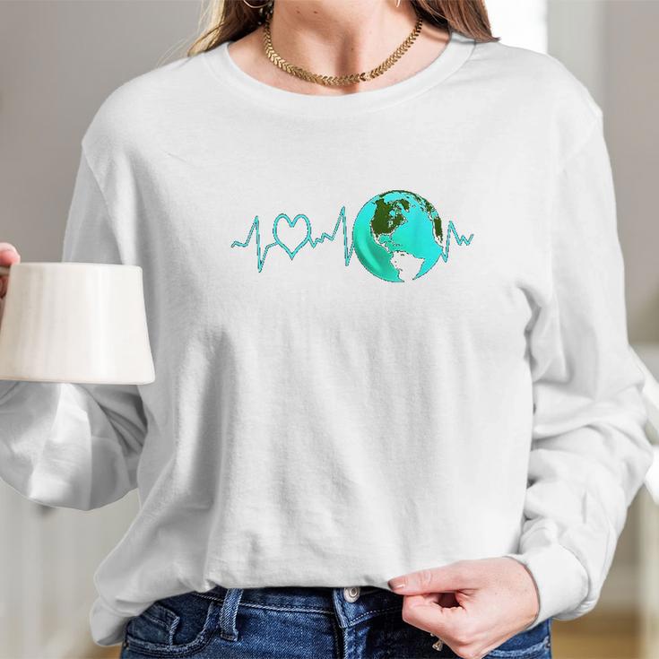 Earth Day Heartbeat Recycling Climate Change Activism Gift Long Sleeve T-Shirt Gifts for Her