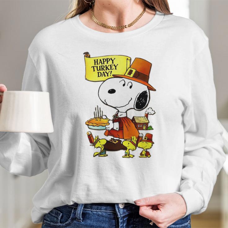 Happy Turkey Day Snoopy And Woodstock Thanksgiving Day Shirt Long Sleeve T-Shirt Gifts for Her