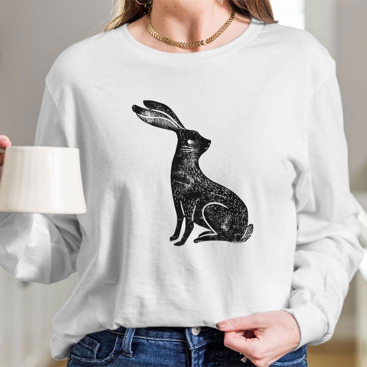 Hare Lino Print Hare Mad March Animal Long Sleeve T-Shirt Gifts for Her