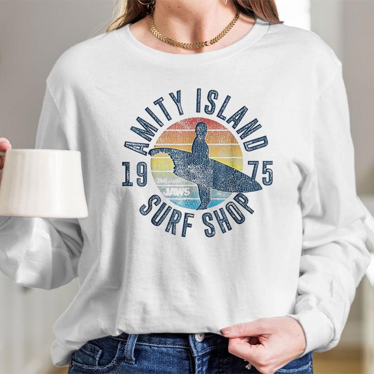 Jaws Amity Island Surf Board Graphic Long Sleeve T-Shirt Gifts for Her