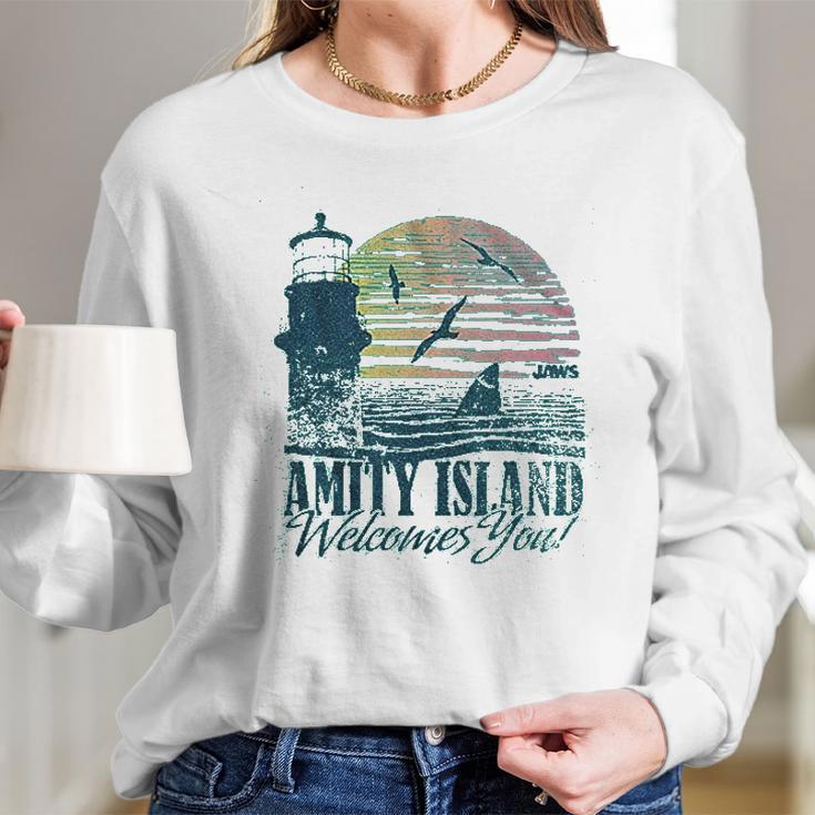 Jaws Amity Island Welcomes You Lighthouse Mahi Heather Long Sleeve T-Shirt Gifts for Her