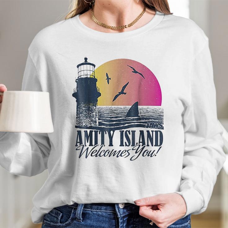 Jaws Sun Set Amity Island Welcomes You Graphic Long Sleeve T-Shirt Gifts for Her