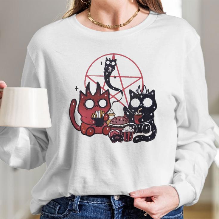 Kawaii Pastel Goth Art Cute Demon Cats Pentagram Fries Chill Long Sleeve T-Shirt Gifts for Her