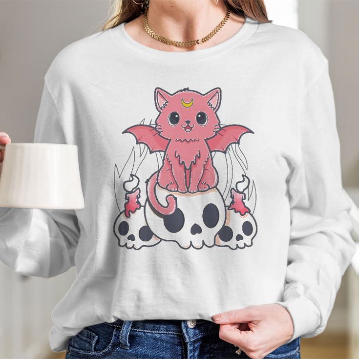 Kawaii Pastel Goth Cute Creepy Demon Cat And Skull Anime Art Long Sleeve T-Shirt Gifts for Her