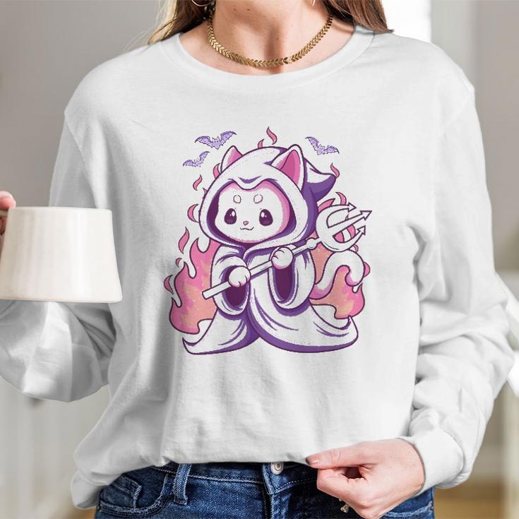 Kawaii Pastel Goth Cute Creepy Grim Reaper Cat Long Sleeve T-Shirt Gifts for Her