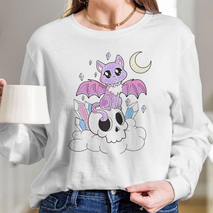 Kawaii Pastel Goth Witchy Cat And Skull Cute Creepy Long Sleeve T-Shirt Gifts for Her