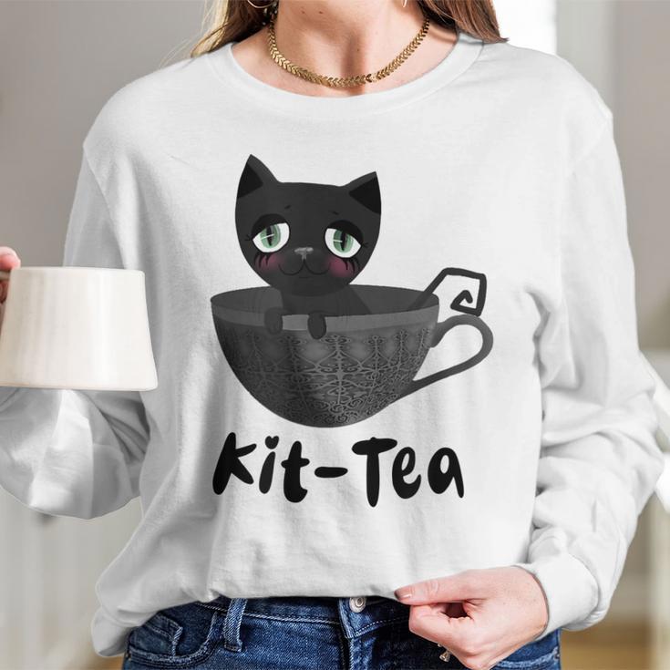 Kit-Tea Cat Lovers Creepy Kawaii Pastel Goth Kitten Teacup Long Sleeve T-Shirt Gifts for Her