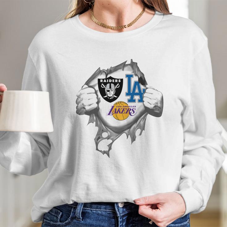 Oakland Raiders Los Angeles Lakers And Los Angeles Dodgers Heartbeat Shirt TshirtShirt Tee Long Sleeve T-Shirt Gifts for Her