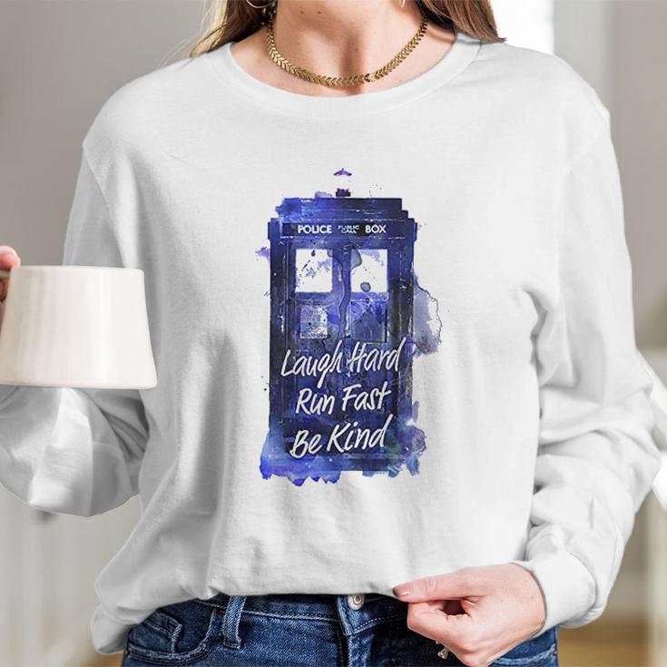 Ripple Junction Doctor Who Laugh Hard Run Fast Watercolor Tardis Junior Long Sleeve T-Shirt Gifts for Her