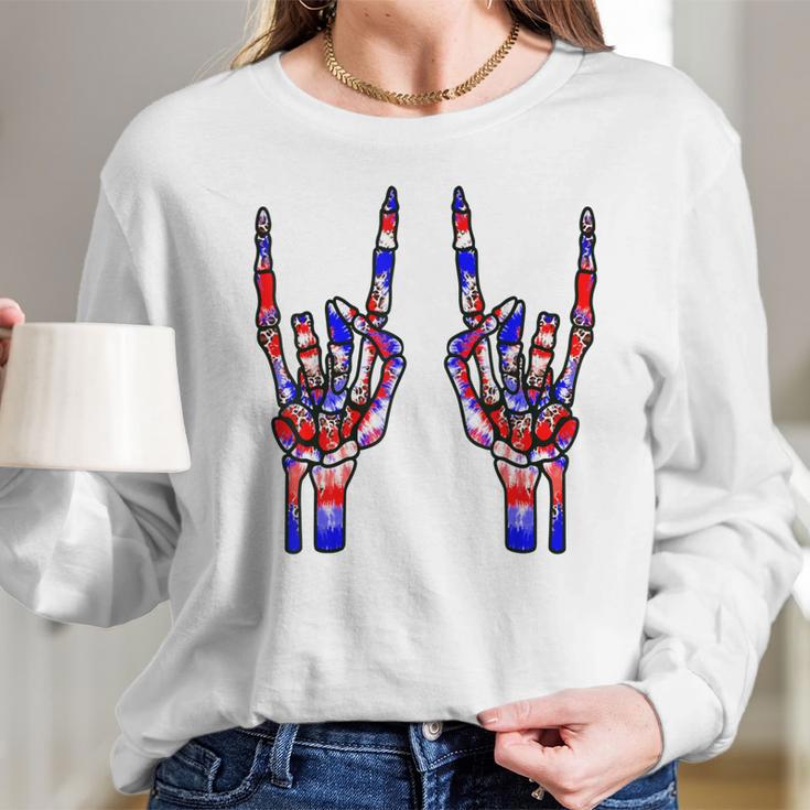 Rock On Rock Star Skeleton Hands Tie Dye 4Th Of July Long Sleeve T-Shirt Gifts for Her