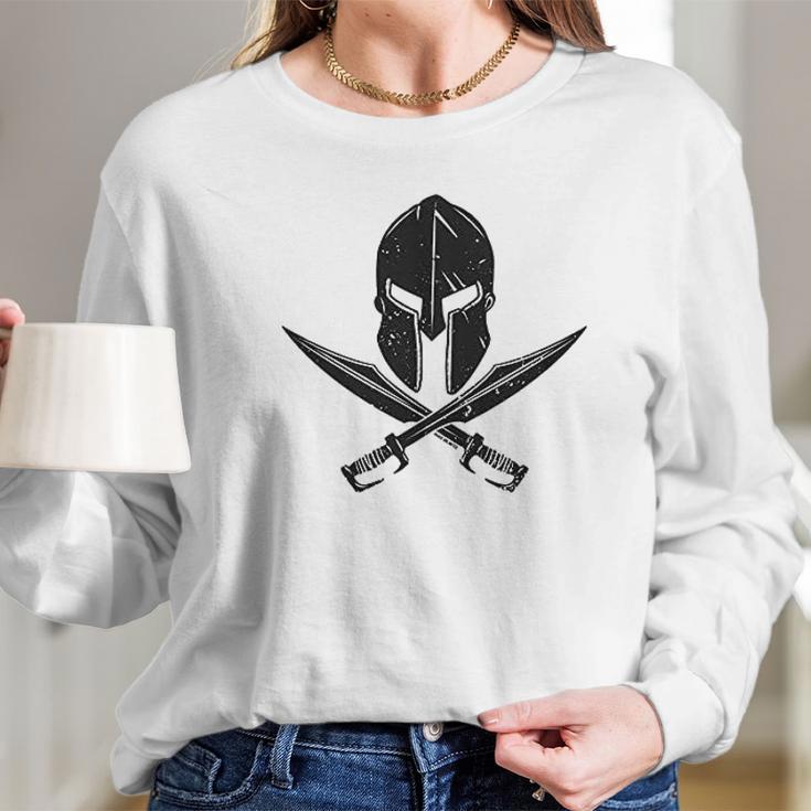 Spartan Helmet Crossed Swords Long Sleeve T-Shirt Gifts for Her