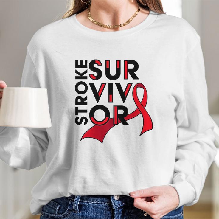 Stroke Survivor Red Ribbon Awareness Long Sleeve T-Shirt Gifts for Her