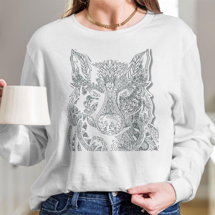 Tribal Wolf Design Long Sleeve T-Shirt Gifts for Her