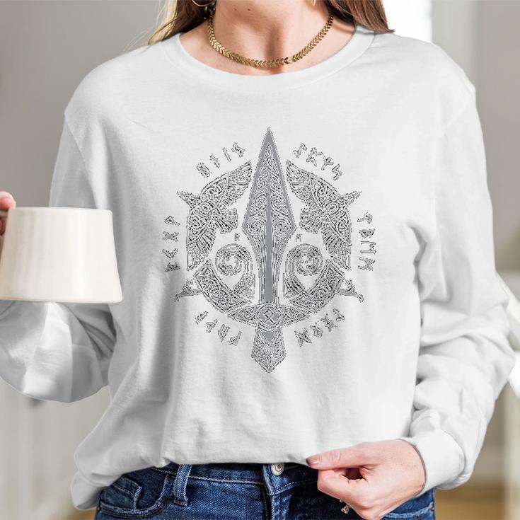 Viking Spear Odin Raven Knot Scandinavian Runes Long Sleeve T-Shirt Gifts for Her