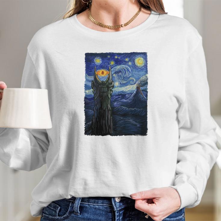 Vincent Van Gogh The Starry Night With Lord Of The Rings Middle Earth Sauron Tower Evil Eye Tshirt Long Sleeve T-Shirt Gifts for Her