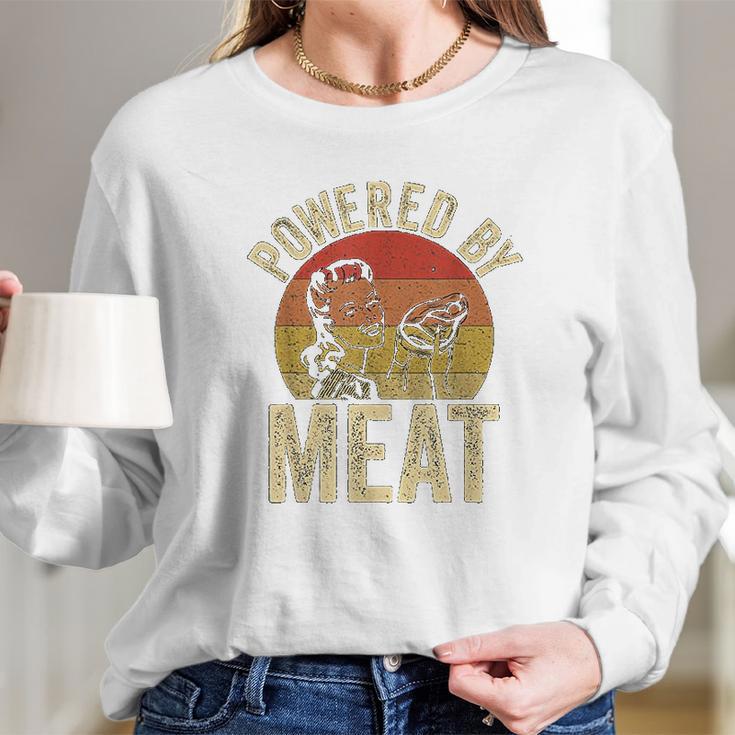 Vintage Powered By Meat Carnivore Woman Meat Eater Long Sleeve T-Shirt Gifts for Her