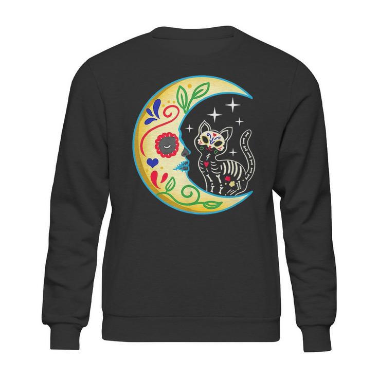 Cat & Moon Sugar Skull Dia De Los Muertos Day Of The Dead  V2 Sweatshirt