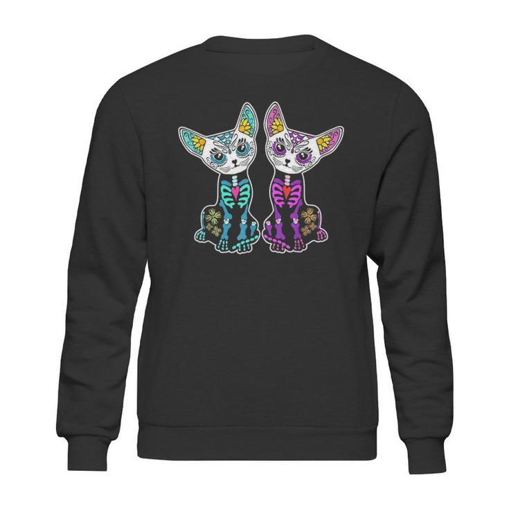 Day Of Dead Sugar Cats Skeleton Skull Sweatshirt