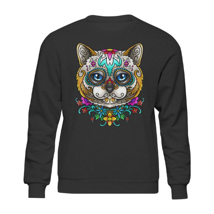 Kitty Cat Sugar Skull  Day Of The Dead Dia De Muertos Sweatshirt