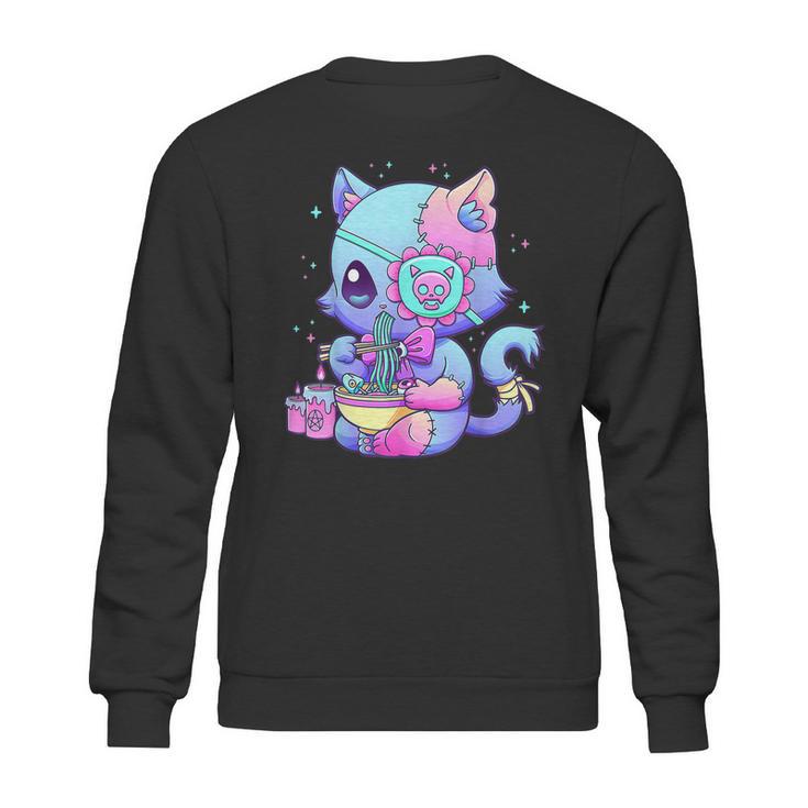 Pastel Goth Aestic Kawaii Creepy Cat Eating Ramen Noodles Sweatshirt