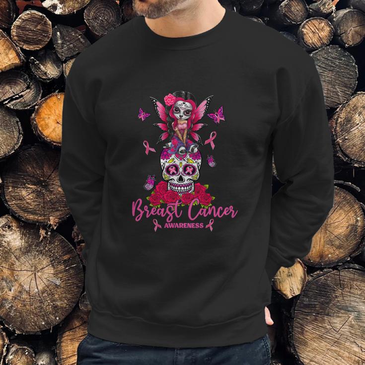 Funny Ribbon Like A Girl Sugar Skull Fight Breast Cancer Awareness Graphic Design Printed Casual Daily Basic Sweatshirt Gifts for Him