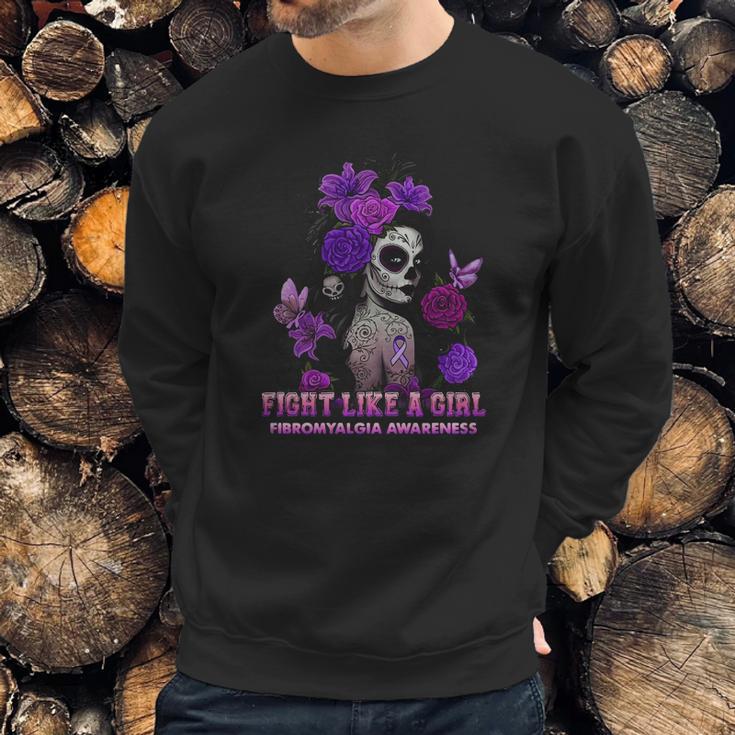 Sugar Skull Fight Like A Girl Fibromyalgia Awareness Shirt Sweatshirt Gifts for Him