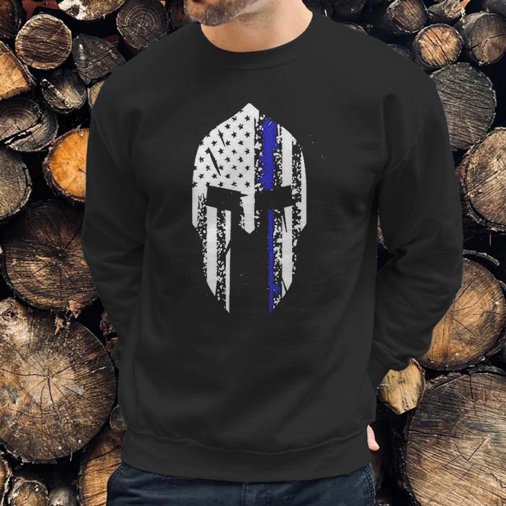 Thin Blue Line Spartan Helmet Sweatshirt Gifts for Him