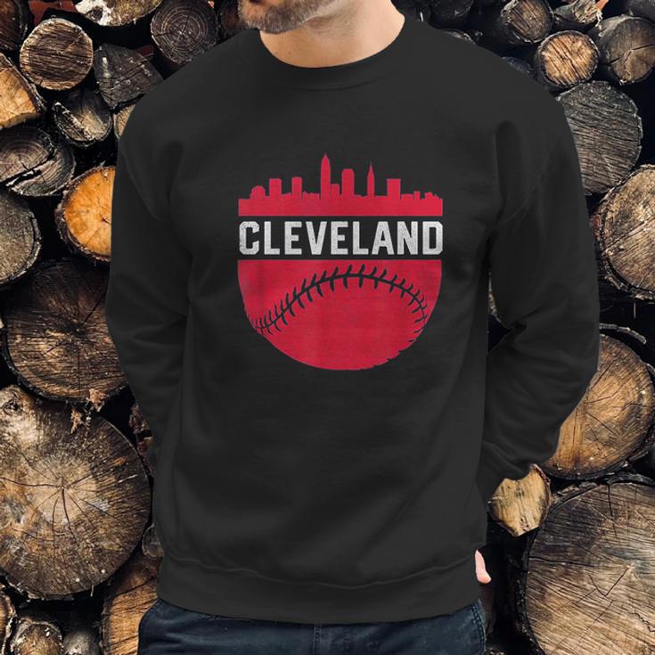 Vintage Downtown Cleveland Ohio Skyline Baseball Sweatshirt Gifts for Him