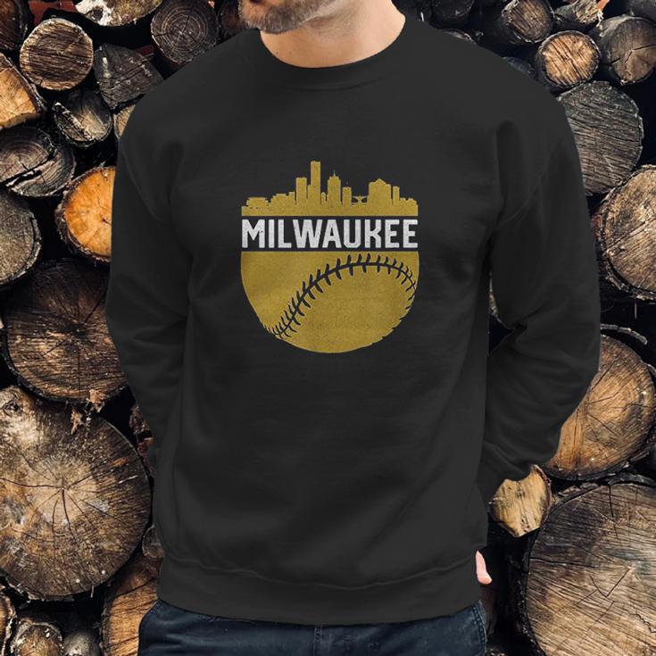 Vintage Downtown Milwaukee Wisconsin Skyline Baseball Sweatshirt Gifts for Him