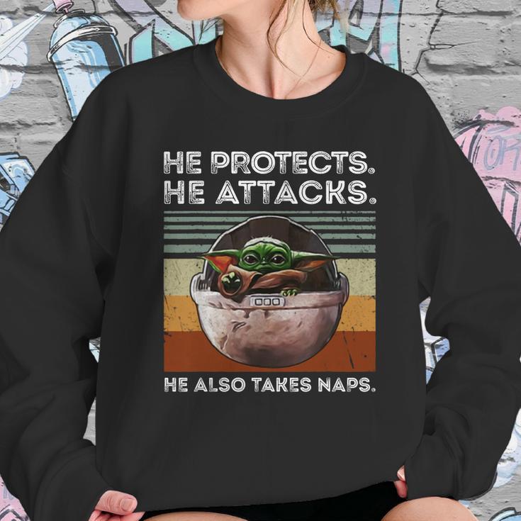 Vintage Baby Yoda He Protects He Attacks He Also Takes Naps Shirt Sweatshirt Gifts for Her