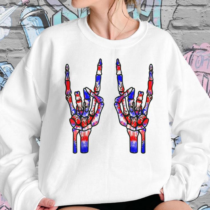 Rock On Rock Star Skeleton Hands Tie Dye 4Th Of July Sweatshirt Gifts for Her