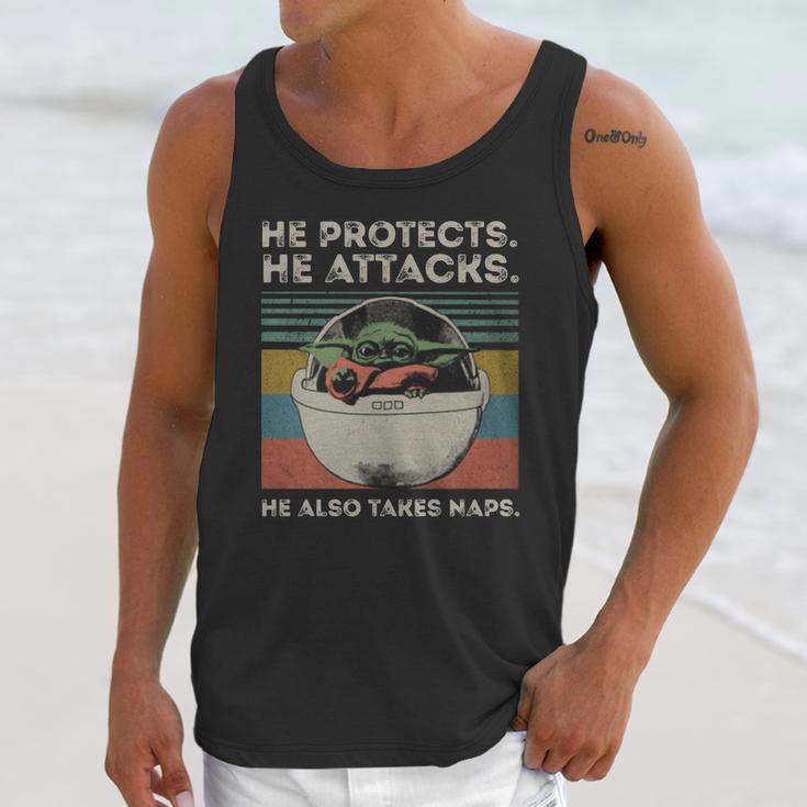 Baby Yoda He Protects He Attacks He Also Takes Naps Vintage Shirt Unisex Tank Top Gifts for Her