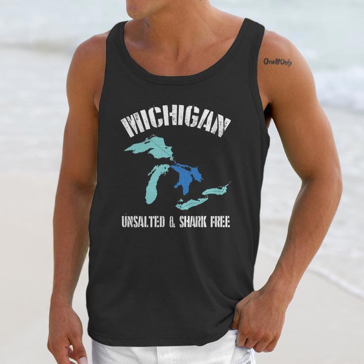 Michigan Unsalted Amp Shark Free Funny Great Lakes T-Shirt Unisex Tank Top Gifts for Her